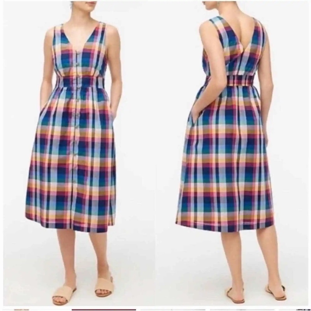 J Crew Factory Dress Womens Large 12/14 Blue Pink Mixed Plaid Button Up Midi